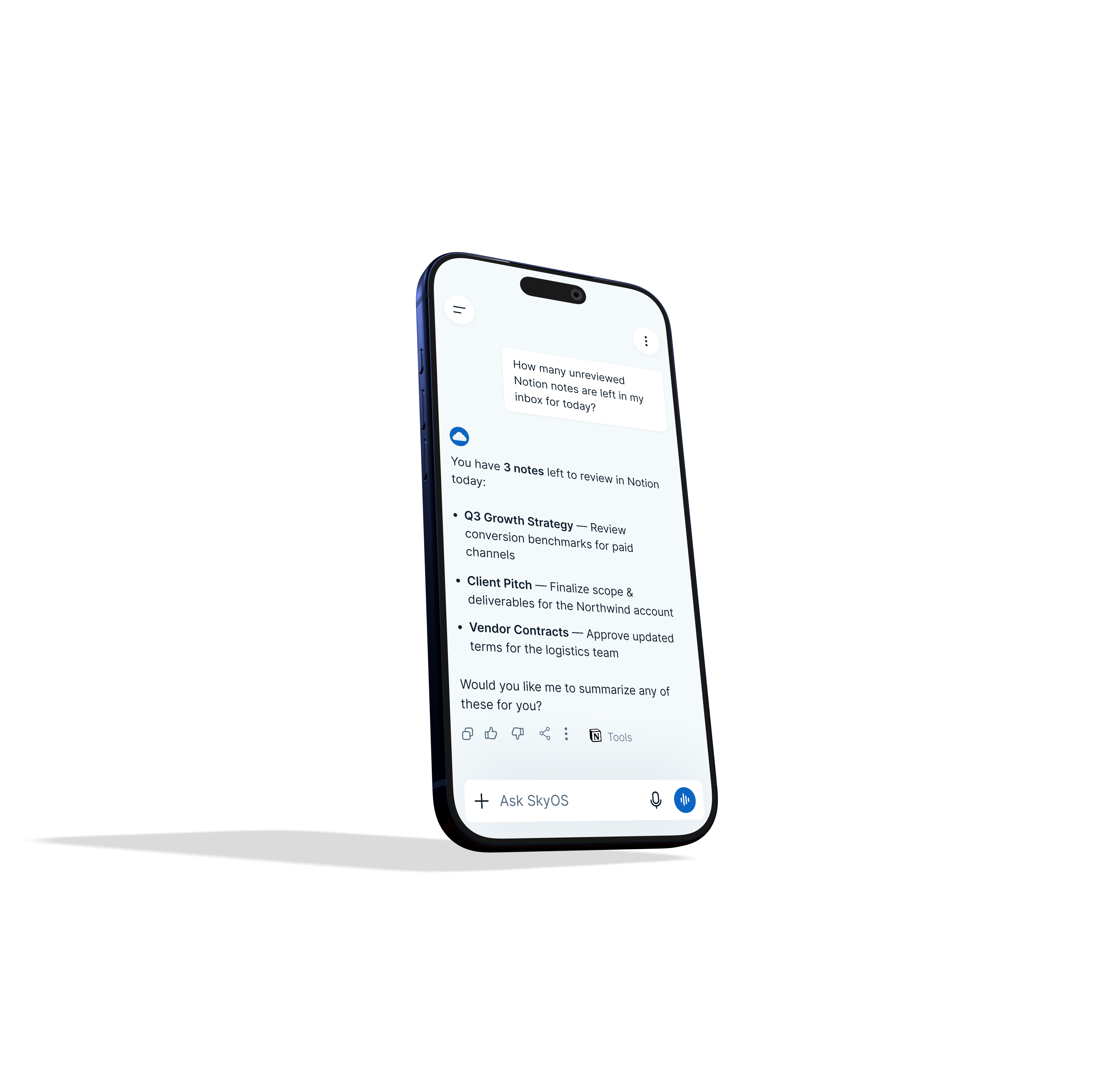 The SkyOS mobile app answering a question about unreviewed Notion notes